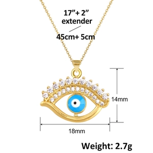 Macro detail of Evil Eye pendant necklace in gold with zircon inlay and dimensions