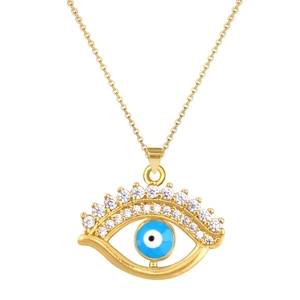 Detailed view of evil eye pendant with blue center and clear micro-paved zircons