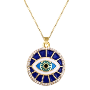 Detailed view of evil eye pendant necklace with blue enamel and sparkling zircon accents