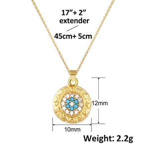 Detail view of gold evil eye necklace with 45cm chain and 10mm turquoise pendant dimensions