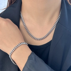Minimalist Stainless Steel Cuban Link Jewelry Set For Women High Polished Curb Chain Necklace And Bracelet Hip Hop Jewelry