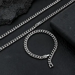 Polished silver stainless steel 6mm Cuban link chain necklace and bracelet jewelry set