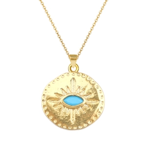 Vergulde muntketting met turquoise boze oog hanger en zonnestraalstructuur ontwerp