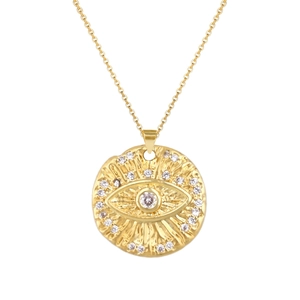 Vergulde evil eye hanger ketting met centrale witte zirkoon en ronde reliëf hanger