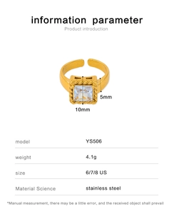 Detail view of gold stainless steel zircon ring showing 10mm width and 4.1g weight specs