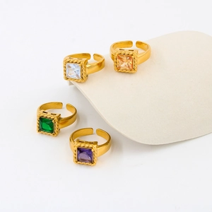 Luxurious gold stainless steel adjustable rings with colorful square zircon stones