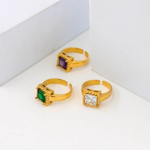 Vintage Square Zircon Stainless Steel Open Ring For Women Gold Plated Adjustable Geometric Gemstone Jewelry Finger Ring