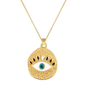 Gouden Evil Eye ketting met blauw en wit emaille inleg op een getextureerde hanger