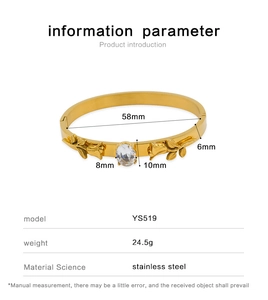 Detailed size parameters of a 18k gold-plated stainless steel rose bracelet with white gem