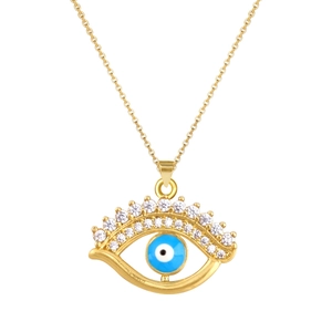 Gouden Evil Eye hanger ketting met blauwe steen en witte zirkonia accenten in detail