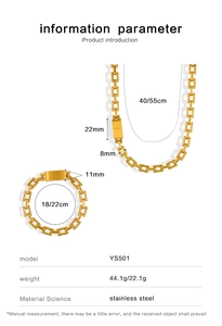 Detailed size specifications for gold stainless steel chain necklace and bracelet set