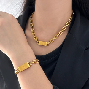 Minimalist gold rectangular chain link necklace and bracelet set for men and women