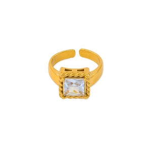 Macro shot of square zircon gold ring featuring intricate twisted rope texture and details
