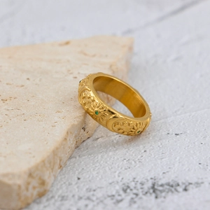 Vintage stainless steel gold ring with sun moon star relief and green zircon stones