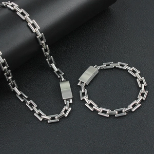 Hip hop style silver stainless steel rectangle link chain necklace and bracelet set