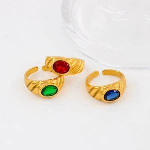 Vintage 18K Vergoldet Edelstahl Oval Zirkonia Offener Ring Für Damen Luxuriös Gedrehte Textur Verstellbarer Schmuck