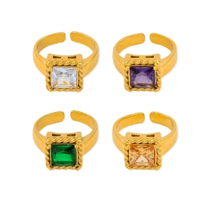 Square zircon open rings set in gold plating with emerald, purple, and clear stones