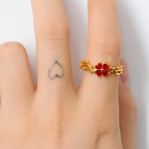 Adjustable Copper Gold Plated Open Ring For Women Red Heart Zircon Lucky Four Leaf Clover Vine Design Fashion Jewelry Gift