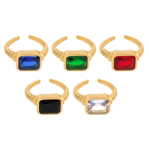 Five-piece set of gold stainless steel open rings with rectangular colorful zircon stones
