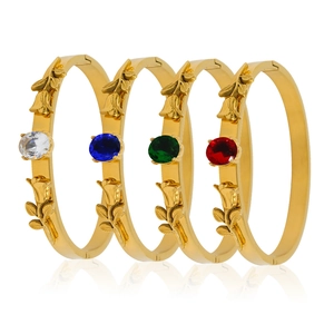 Golden rose-shaped stainless steel bracelets set with white, blue, green, and red gems