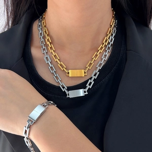 Hip hop stainless steel square link necklace and bracelet set in gold and silver finish