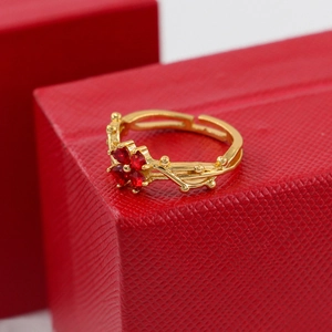 Adjustable gold ring with red heart zircon clover flower and elegant vine texture band