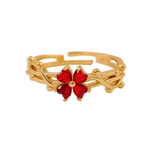 Adjustable gold ring with red heart zircon stones forming a four-leaf clover design