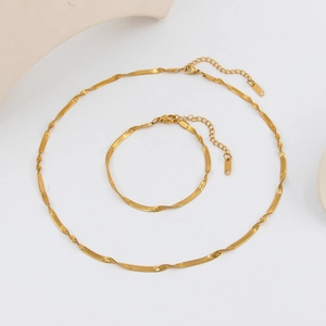 Golden stainless steel twisted snake chain necklace and bracelet jewelry set for women