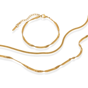 Golden stainless steel snake chain necklace and bracelet jewelry set with lobster clasp