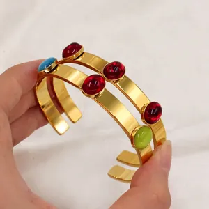 Vintage style gold stainless steel C-shaped cuff bracelet with colorful zircon stones