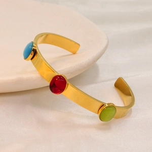 Minimalist 18k gold plated stainless steel cuff bracelet with three colored zircons