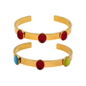 Vintage stainless steel C-shaped cuff bracelets with colorful zircon stones in gold finish