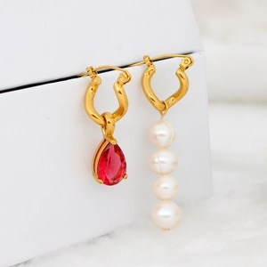 Vintage Asymmetric Water Drop Zircon Freshwater Pearl Earrings Gold Plated Stainless Steel Drop Earrings For Women Elegant Jewelry