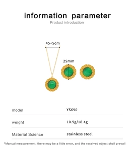 Detail of green round gemstone jewelry set with gold braided texture and size specs