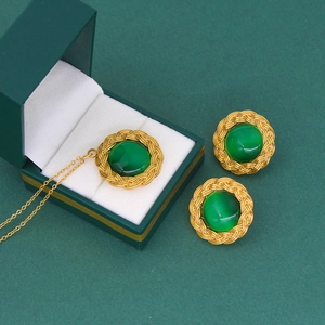 Elegant gold titanium jewelry set with turquoise green stone pendant and matching studs