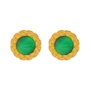 Detailed view of vintage gold woven earrings featuring round green cat eye stone inlays