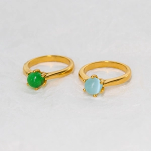 18K gold plated stainless steel ring set with green and blue cat eye gemstones