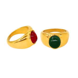 Bagues vintage en acier inoxydable doré 18 carats avec œil de tigre ovale et pierre rouge