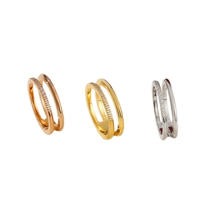 Minimalist double-layered titanium steel ring with pavé zircons in gold, silver, and rose gold