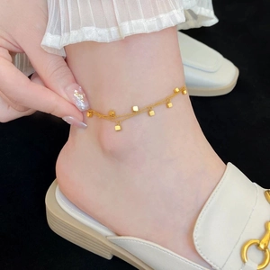 Double-layered gold titanium steel anklet with small square cube pendants for women