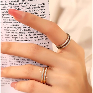 Elegant double-layered titanium steel ring with sparkling pave crystals for women