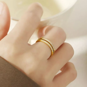 Minimalist double-row gold plated titanium ring with pavé set crystals for women