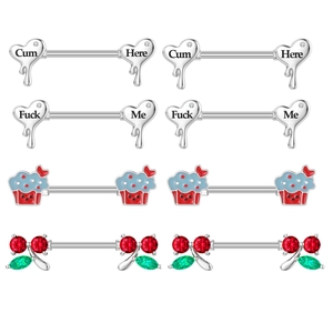 Set van 4 tepelpiercings van roestvrij staal met hartjes, kersen en cupcake-ontwerpen