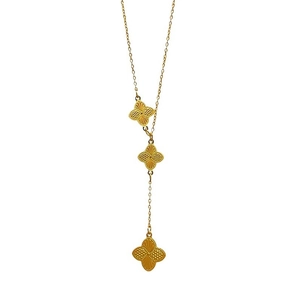 Elegant gold flower tassel necklace in titanium steel featuring triple clover pendants