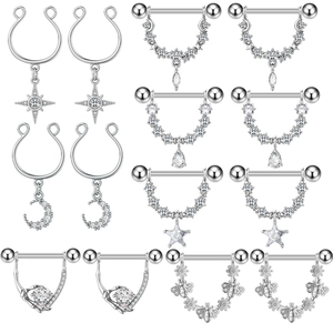 Piercingsieradenset met ster- en maanmotieven en fonkelende zirkonia in zilverkleurig staal