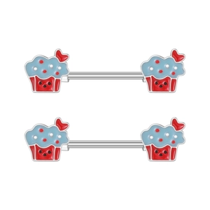 Zilveren tepelpiercing met kleurrijk emaille cupcake ontwerp en rode strik