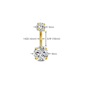 Dimensiones detalladas del piercing de ombligo en acero dorado 14G con medidas de circón