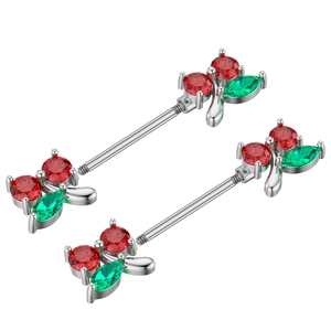 Detail van rode zirkoon kers tepelringen met schroefdraad voor piercing sieraden