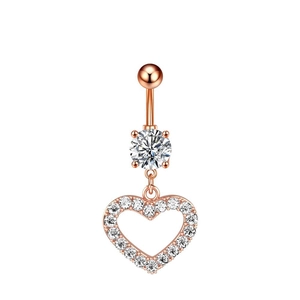 Piercing ombelico cuore oro rosa con zirconi scintillanti su barra in acciaio inox