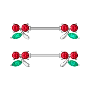 Paar kers tepelpiercings met rode en groene zirkonia-stenen in een zilveren afwerking
